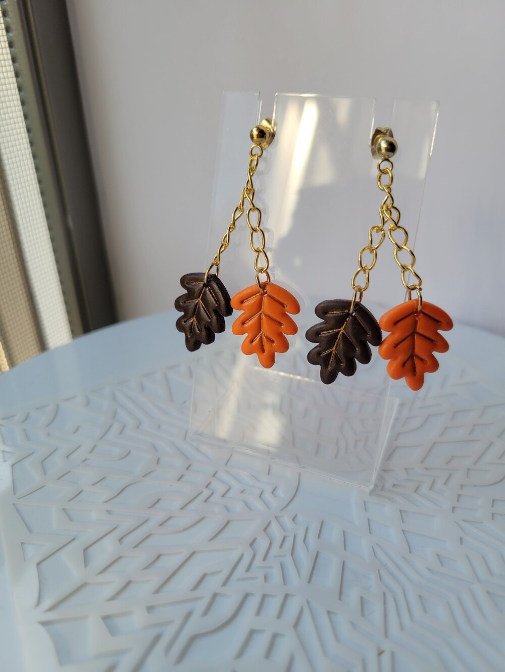 Gold Chain Autumn Leaf Drop Earrings - Orange & Brown